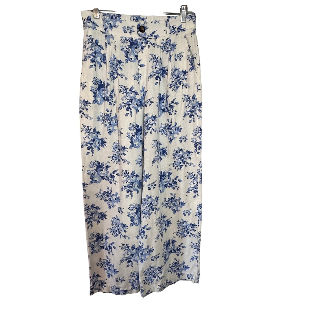 Tullea Womens XL Wide Leg Floral Linen Blend‎ Pants High Waisted Cottagecore